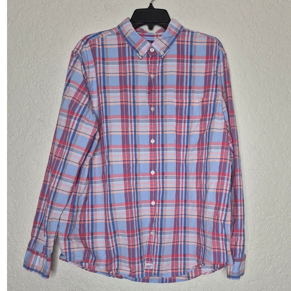 Vineyard Vines Mens XL Slim Fit Murray Shirt Pink Blue Plaid Cotton Button Down